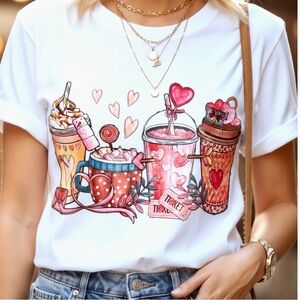 Valentine Coffee Lover T-Shirt Sweet Treats Graphic Top Women’s Sz Medium GILDAN